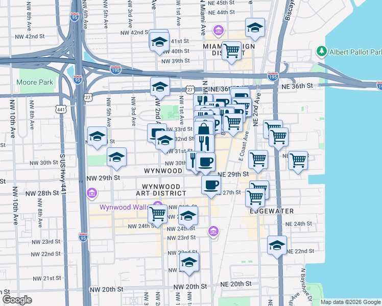 map of restaurants, bars, coffee shops, grocery stores, and more near 41 Northwest 31st Street in Miami