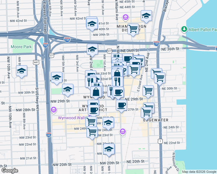 map of restaurants, bars, coffee shops, grocery stores, and more near 105 Northwest 31st Street in Miami