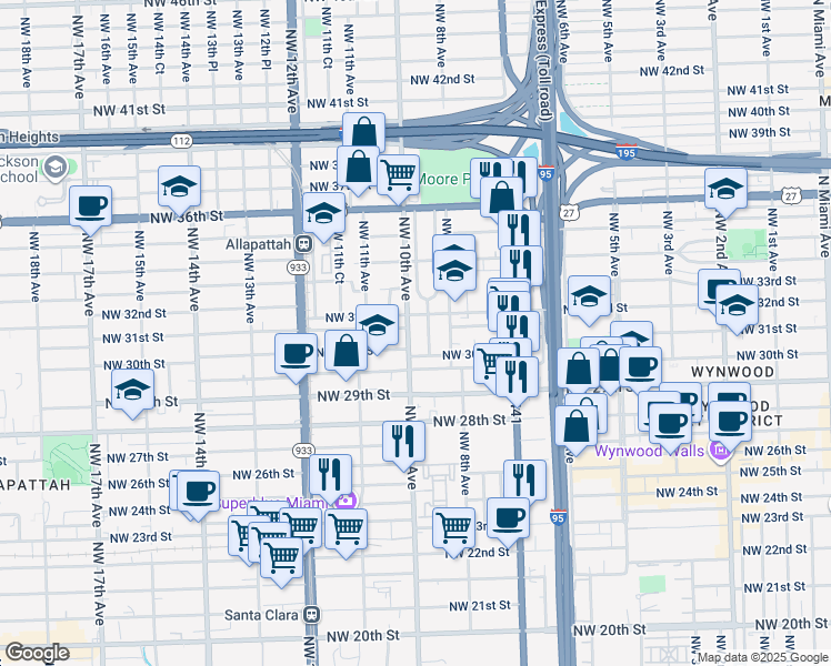 map of restaurants, bars, coffee shops, grocery stores, and more near 3100 Northwest 9th Avenue in Miami