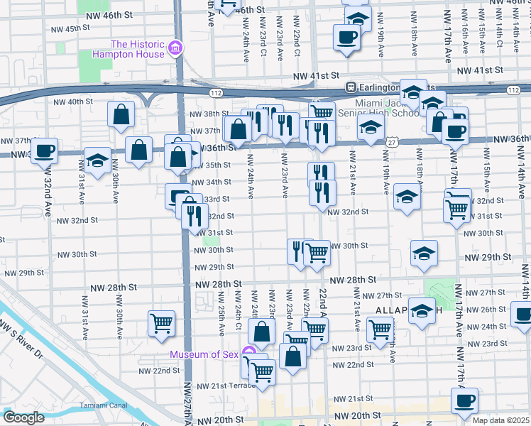 map of restaurants, bars, coffee shops, grocery stores, and more near 2343 Northwest 32nd Street in Miami