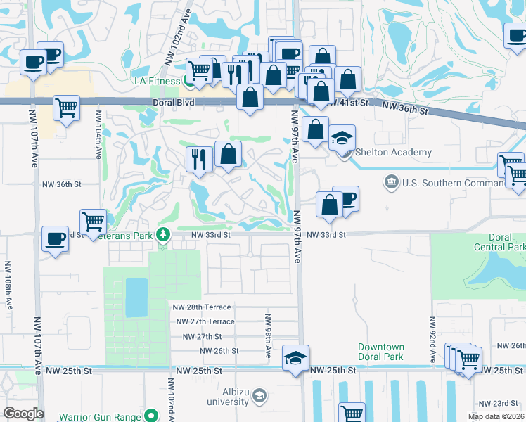 map of restaurants, bars, coffee shops, grocery stores, and more near 9705 Dania Lane in Doral