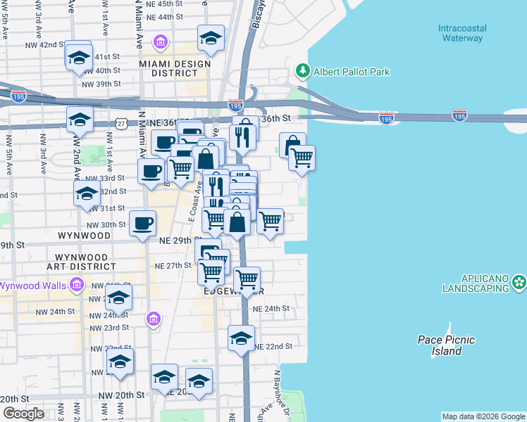 map of restaurants, bars, coffee shops, grocery stores, and more near 425 Northeast 30th Street in Miami