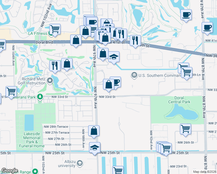 map of restaurants, bars, coffee shops, grocery stores, and more near 9661 Northwest 33rd Street in Doral