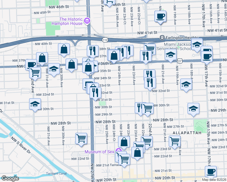 map of restaurants, bars, coffee shops, grocery stores, and more near 2420 Northwest 33rd Street in Miami