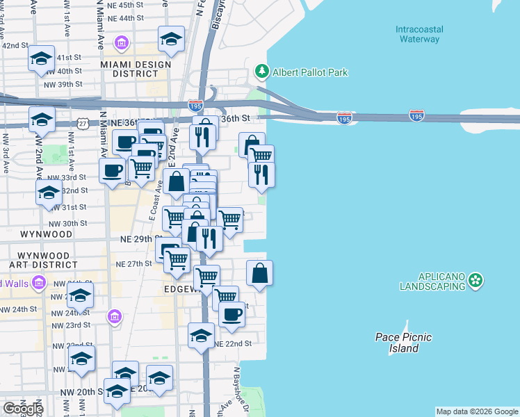 map of restaurants, bars, coffee shops, grocery stores, and more near 555 Northeast 30th Street in Miami