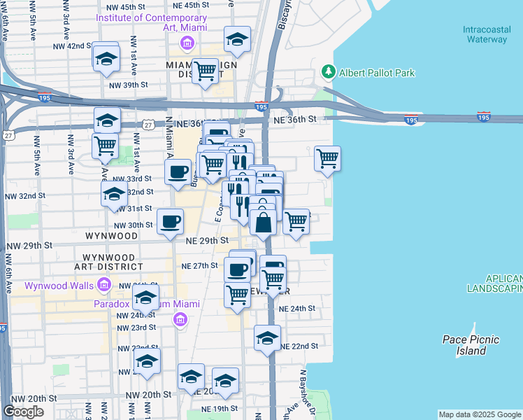 map of restaurants, bars, coffee shops, grocery stores, and more near in Miami