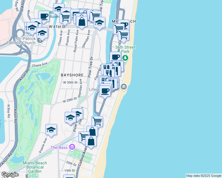 map of restaurants, bars, coffee shops, grocery stores, and more near 3025 Collins Avenue in Miami Beach