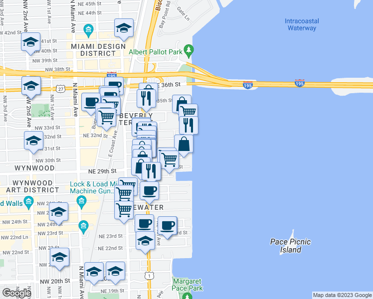 map of restaurants, bars, coffee shops, grocery stores, and more near 3001 Northeast 7th Avenue in Miami