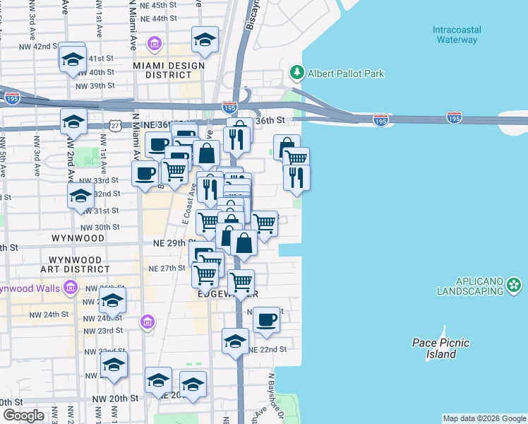 map of restaurants, bars, coffee shops, grocery stores, and more near 480 Northeast 31st Street in Miami