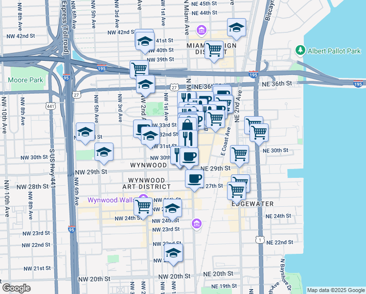map of restaurants, bars, coffee shops, grocery stores, and more near 41 Northwest 31st Street in Miami