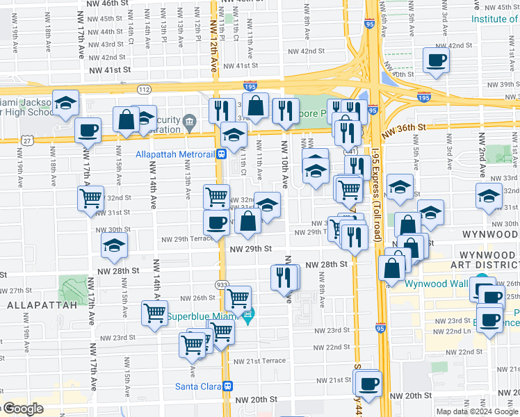 map of restaurants, bars, coffee shops, grocery stores, and more near 1055 Northwest 31st Street in Miami