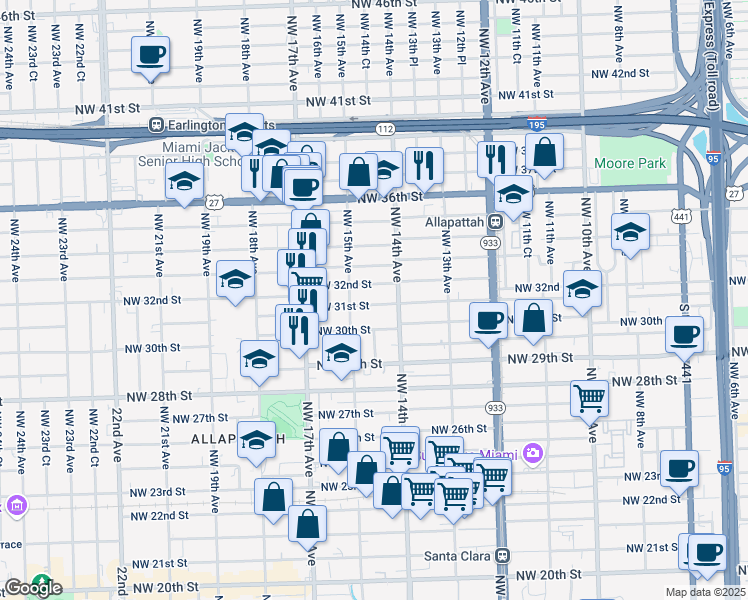 map of restaurants, bars, coffee shops, grocery stores, and more near 3118 Northwest 14th Avenue in Miami