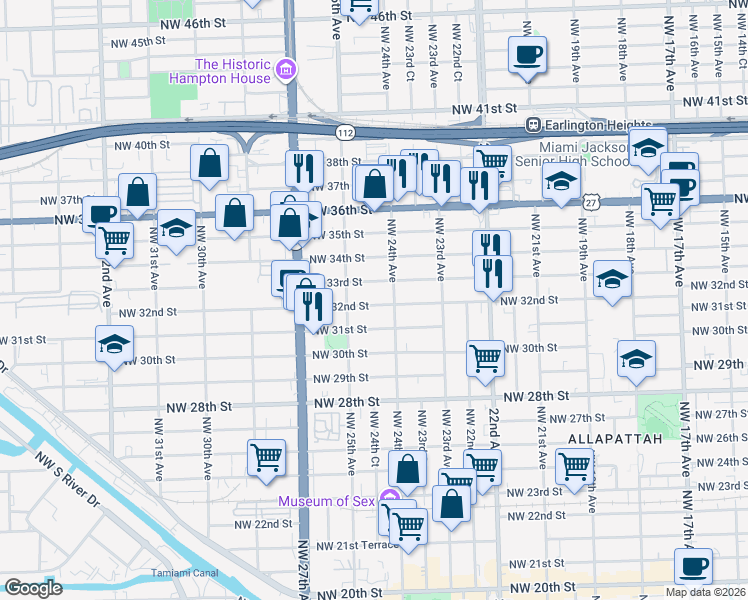 map of restaurants, bars, coffee shops, grocery stores, and more near 2420 Northwest 33rd Street in Miami