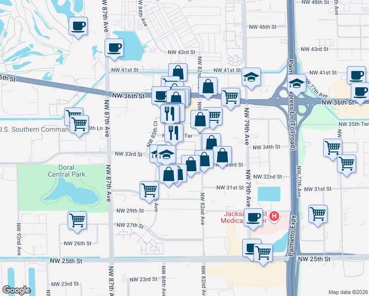 map of restaurants, bars, coffee shops, grocery stores, and more near 8272 Northwest 34th Street in Doral