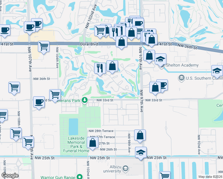 map of restaurants, bars, coffee shops, grocery stores, and more near 9930 Costa Del Sol Boulevard in Doral