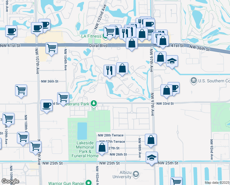 map of restaurants, bars, coffee shops, grocery stores, and more near 9930 Costa Del Sol Boulevard in Doral