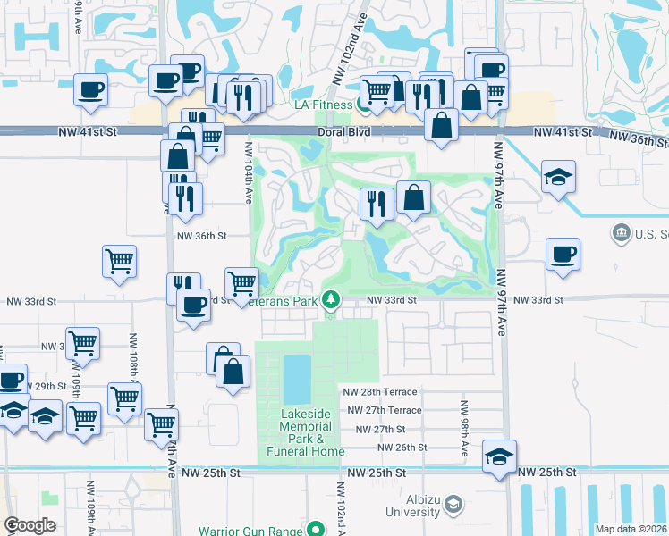 map of restaurants, bars, coffee shops, grocery stores, and more near 3449 Torremolinos Avenue in Doral