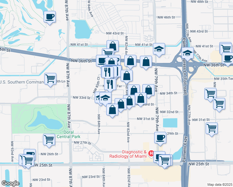 map of restaurants, bars, coffee shops, grocery stores, and more near 8272 Northwest 34th Street in Doral
