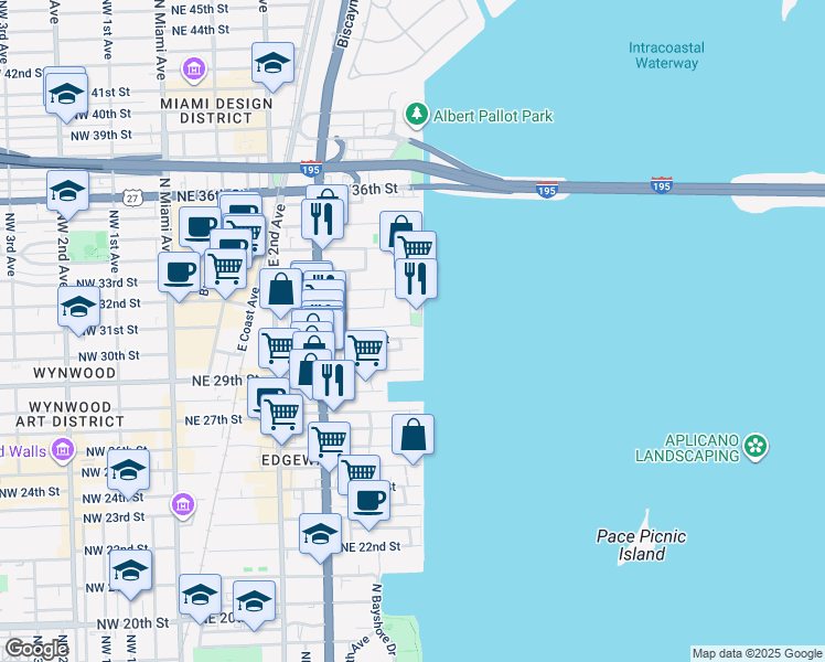 map of restaurants, bars, coffee shops, grocery stores, and more near 555 Northeast 30th Street in Miami