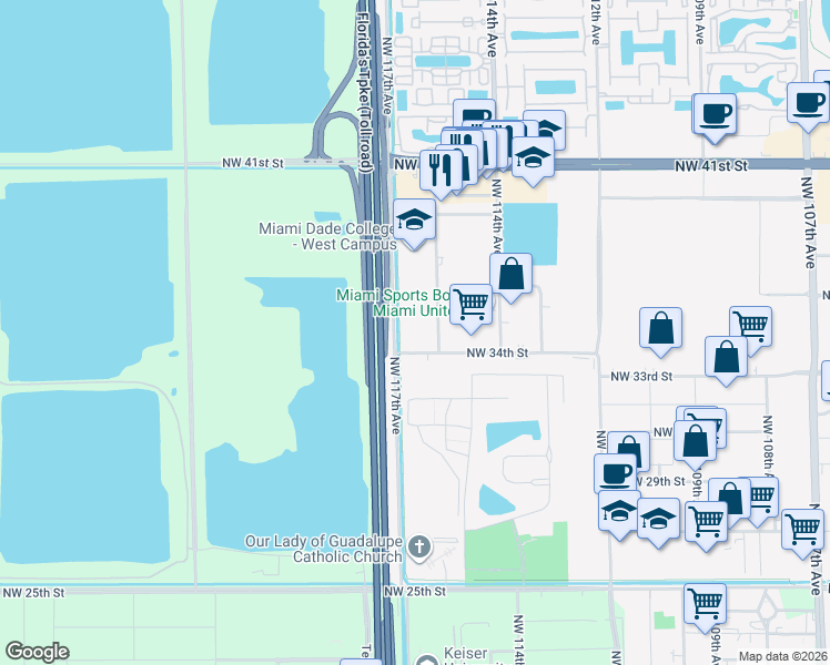 map of restaurants, bars, coffee shops, grocery stores, and more near 3530 Northwest 115th Avenue in Doral