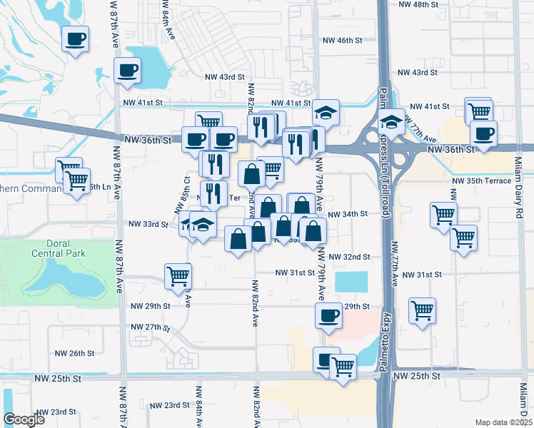 map of restaurants, bars, coffee shops, grocery stores, and more near 3401 Northwest 82nd Avenue in Doral