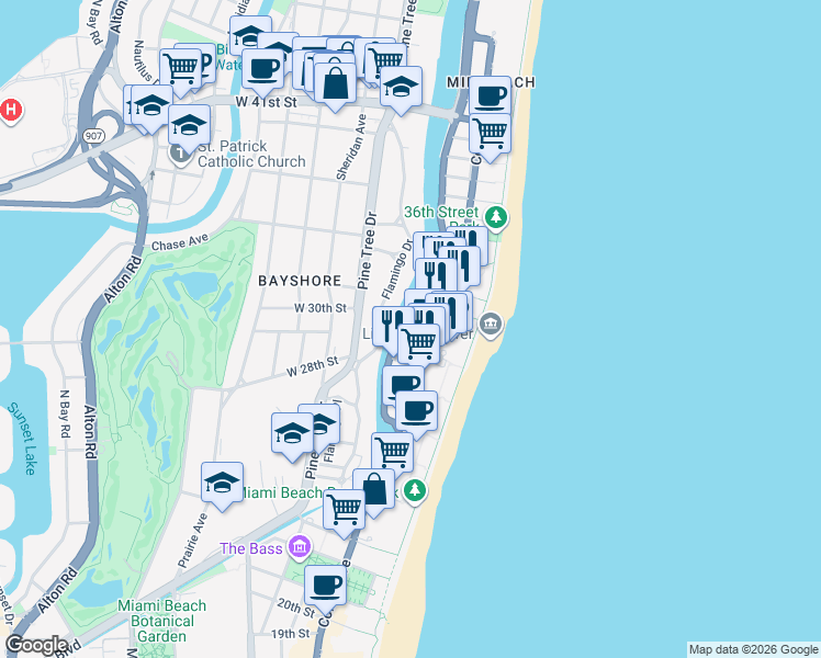 map of restaurants, bars, coffee shops, grocery stores, and more near 232 30th Street in Miami Beach