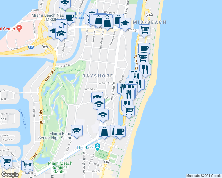 map of restaurants, bars, coffee shops, grocery stores, and more near 2905 Sheridan Avenue in Miami Beach