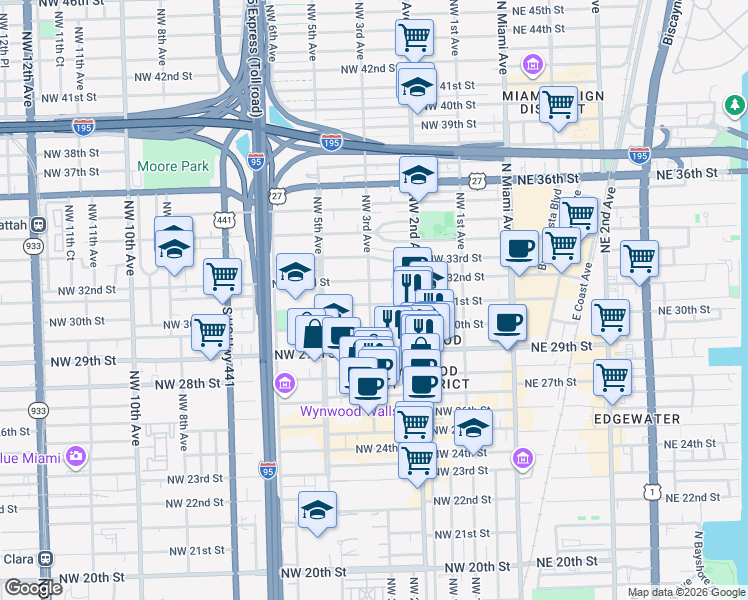 map of restaurants, bars, coffee shops, grocery stores, and more near 261 Northwest 31st Street in Miami