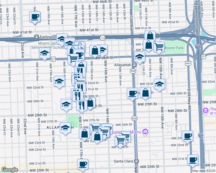 map of restaurants, bars, coffee shops, grocery stores, and more near 3118 Northwest 14th Avenue in Miami