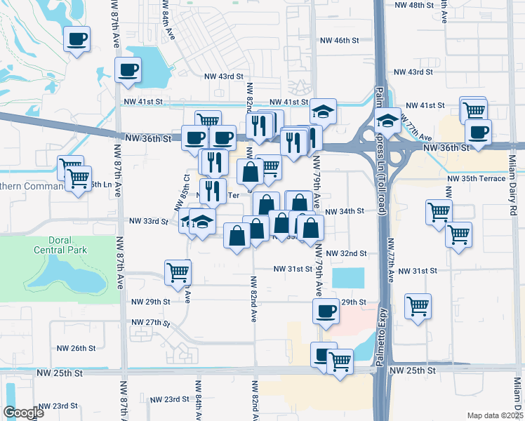 map of restaurants, bars, coffee shops, grocery stores, and more near 3401 Northwest 82nd Avenue in Doral