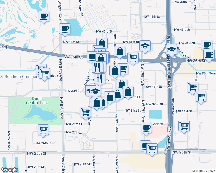 map of restaurants, bars, coffee shops, grocery stores, and more near 8272 Northwest 34th Street in Doral