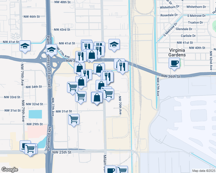 map of restaurants, bars, coffee shops, grocery stores, and more near 3390 Northwest 72nd Avenue in Miami