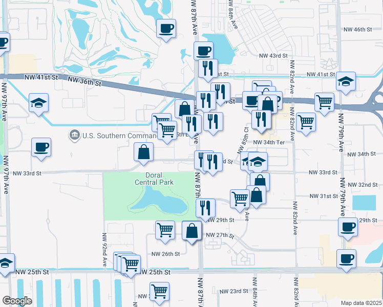 map of restaurants, bars, coffee shops, grocery stores, and more near 3300 Northwest 87th Avenue in Doral
