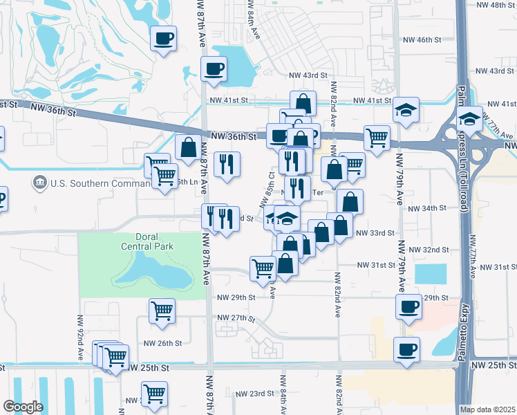 map of restaurants, bars, coffee shops, grocery stores, and more near 3450 Northwest 85th Court in Doral