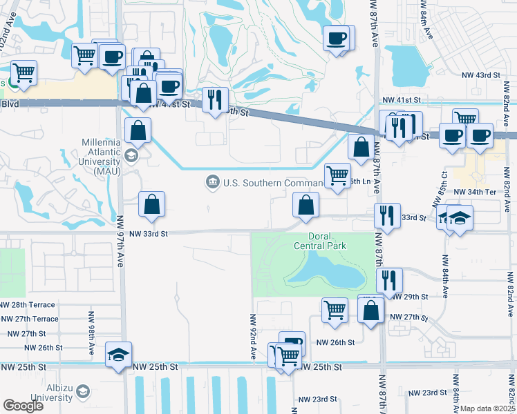 map of restaurants, bars, coffee shops, grocery stores, and more near 3450 Northwest 91st Avenue in Doral