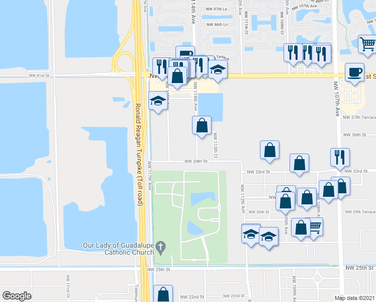 map of restaurants, bars, coffee shops, grocery stores, and more near 11439 Northwest 34th Street in Doral