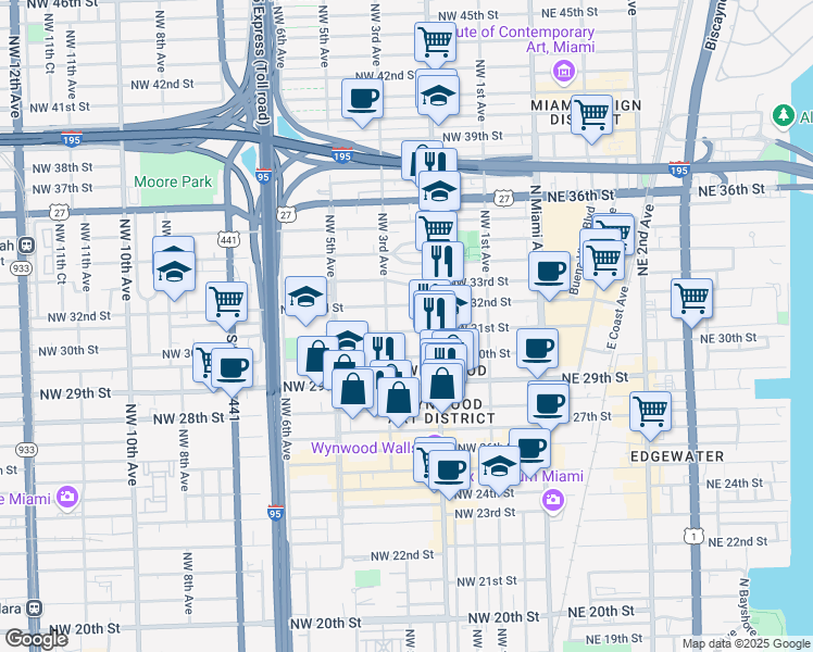 map of restaurants, bars, coffee shops, grocery stores, and more near 261 Northwest 31st Street in Miami