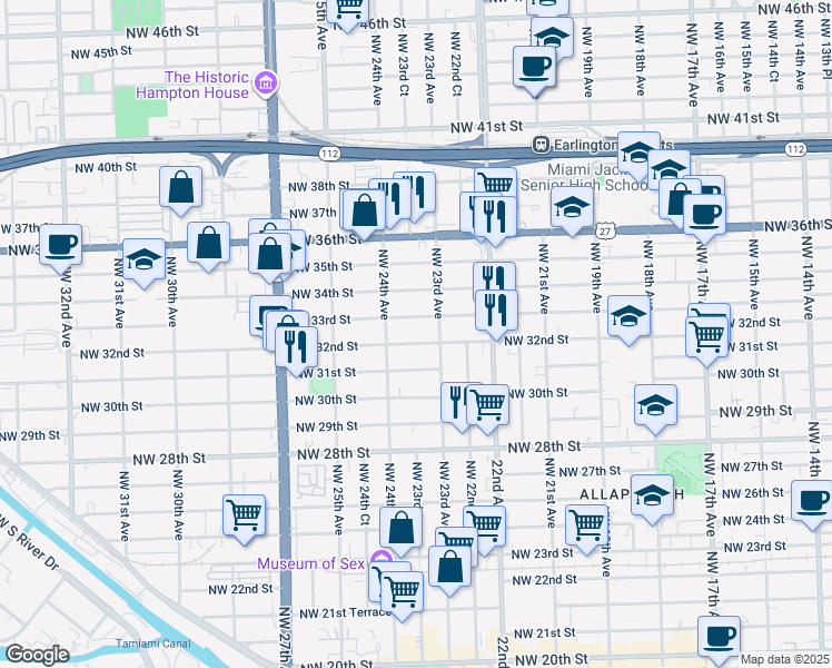 map of restaurants, bars, coffee shops, grocery stores, and more near 2343 Northwest 32nd Street in Miami