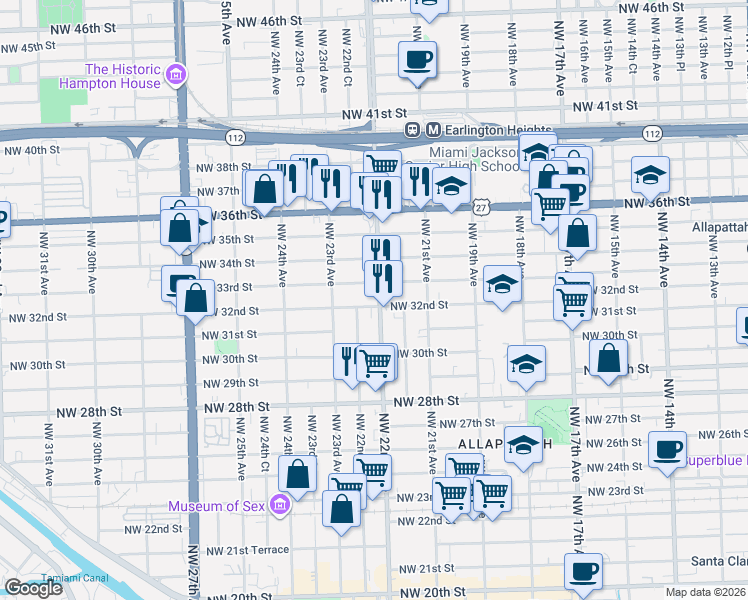 map of restaurants, bars, coffee shops, grocery stores, and more near 3235 Northwest 22nd Avenue in Miami