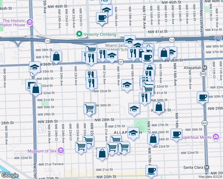 map of restaurants, bars, coffee shops, grocery stores, and more near 1947 Northwest 32nd Street in Miami