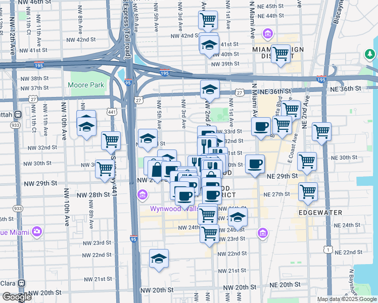 map of restaurants, bars, coffee shops, grocery stores, and more near 261 Northwest 31st Street in Miami