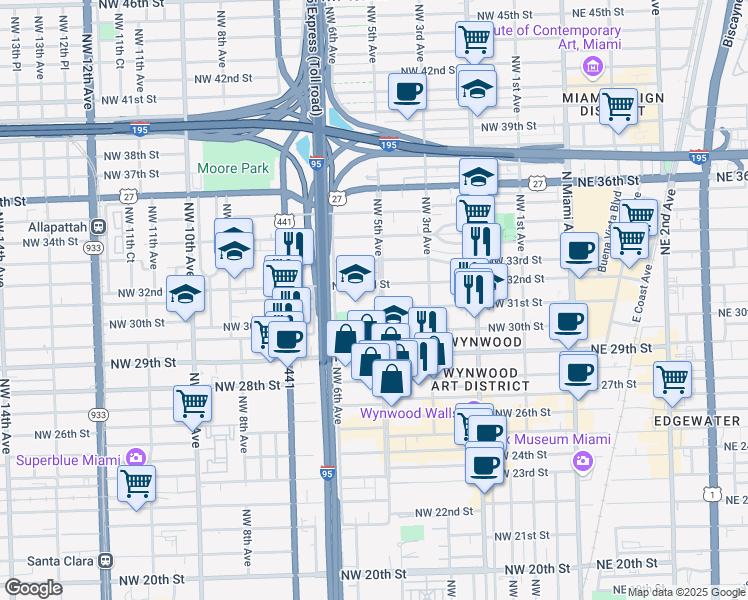 map of restaurants, bars, coffee shops, grocery stores, and more near 3100 Northwest 5 Avenue in Miami