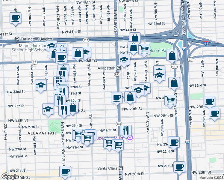 map of restaurants, bars, coffee shops, grocery stores, and more near 1277 Northwest 31st Street in Miami