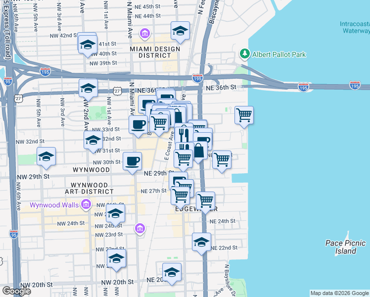 map of restaurants, bars, coffee shops, grocery stores, and more near 3030 Northeast 2nd Avenue in Miami