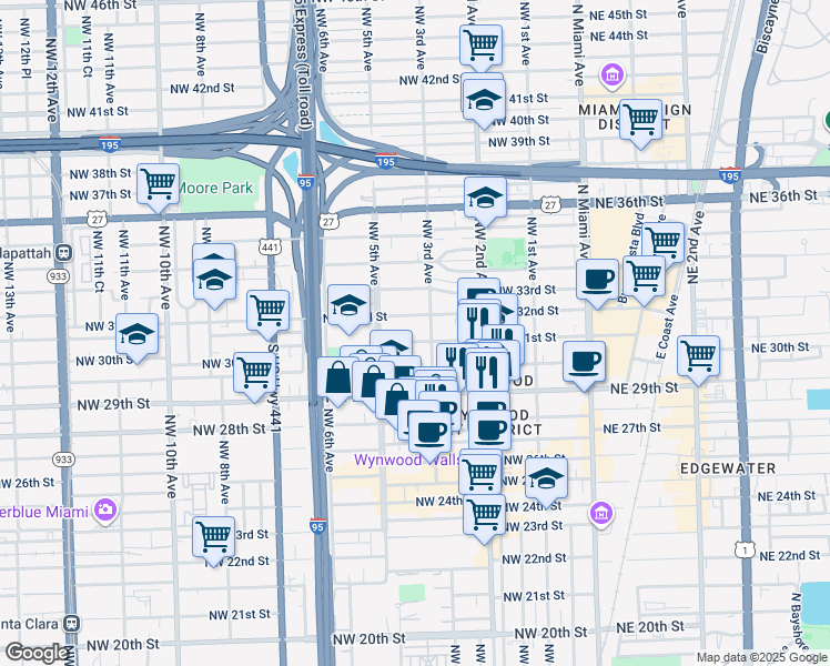 map of restaurants, bars, coffee shops, grocery stores, and more near 321 Northwest 31st Street in Miami