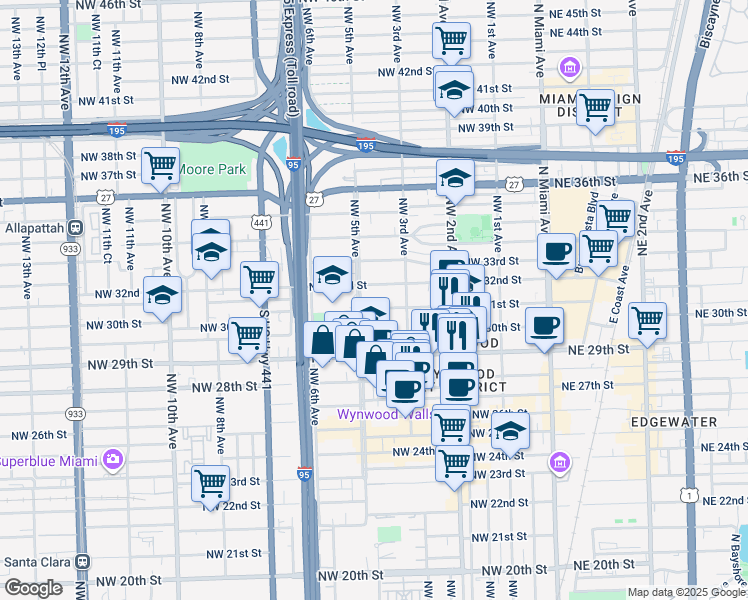 map of restaurants, bars, coffee shops, grocery stores, and more near 321 Northwest 31st Street in Miami