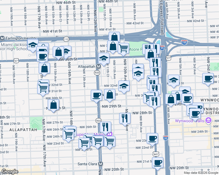 map of restaurants, bars, coffee shops, grocery stores, and more near 1119 Northwest 31st Street in Miami