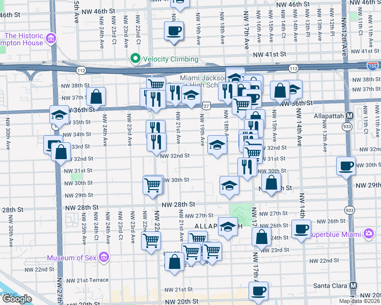 map of restaurants, bars, coffee shops, grocery stores, and more near 1947 Northwest 32nd Street in Miami