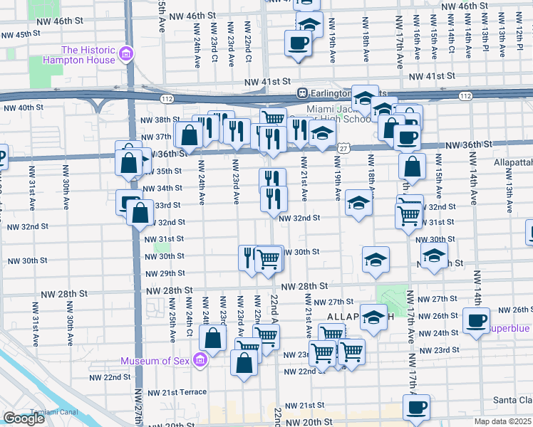 map of restaurants, bars, coffee shops, grocery stores, and more near 3235 Northwest 22nd Avenue in Miami