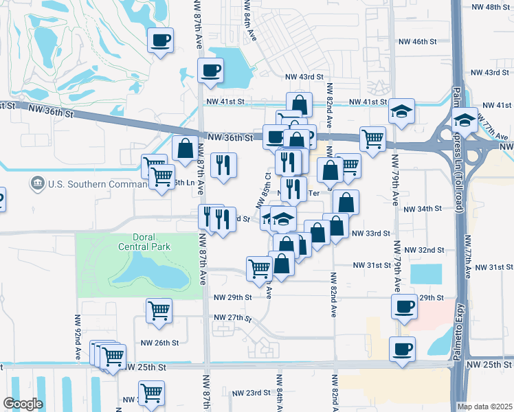 map of restaurants, bars, coffee shops, grocery stores, and more near 8453 Northwest 33rd Street in Miami